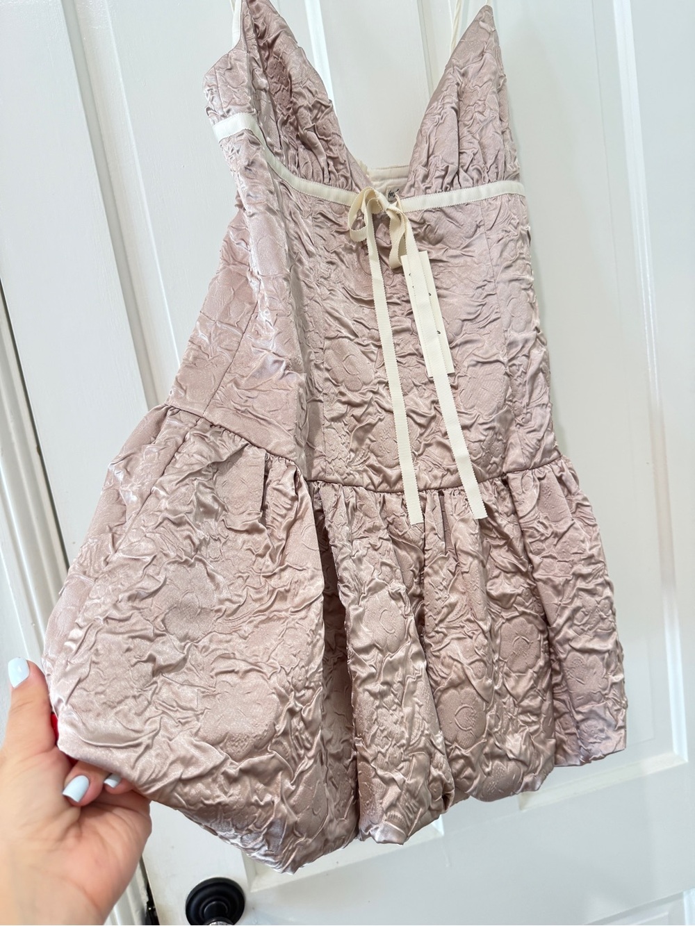 For Love & Lemons flower satin mini dress bubble bow tie bubble hem drop waist - Picture 10 of 14